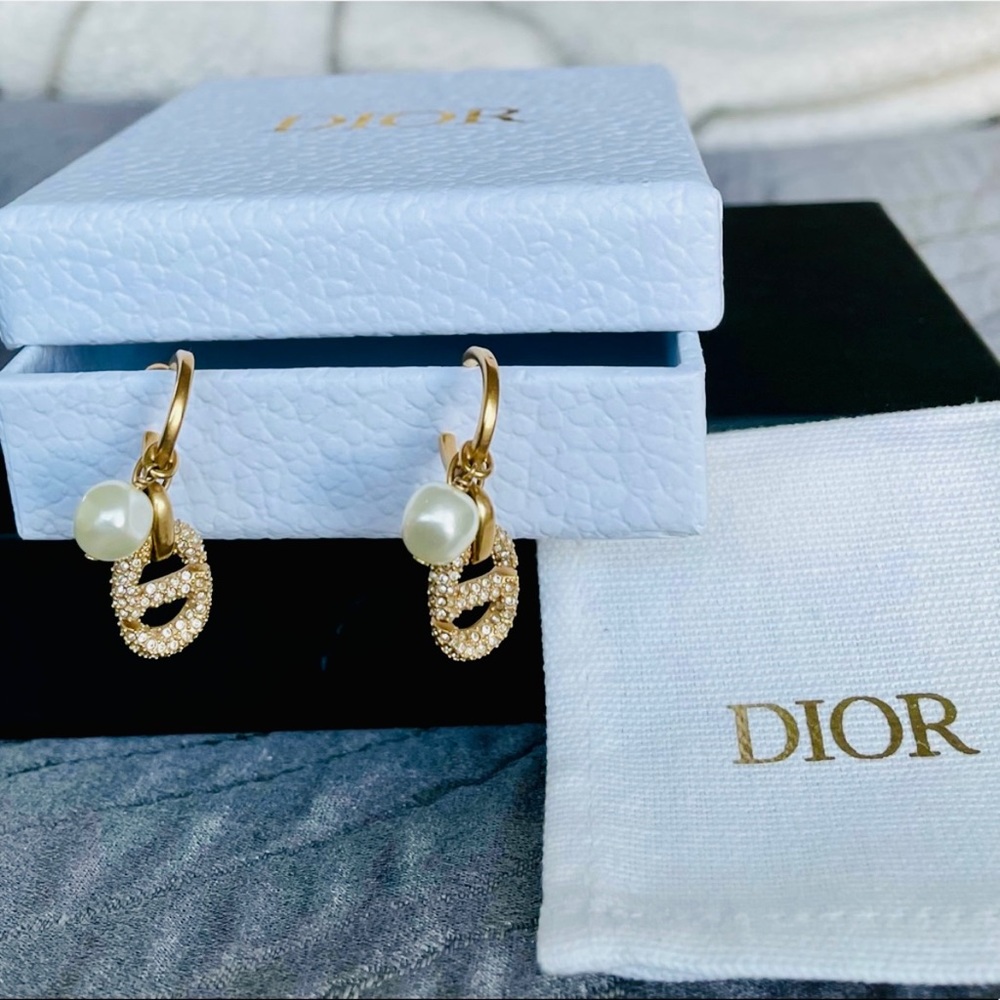 DIOR Clair D Lune crystal pave pearl gold drop earrings